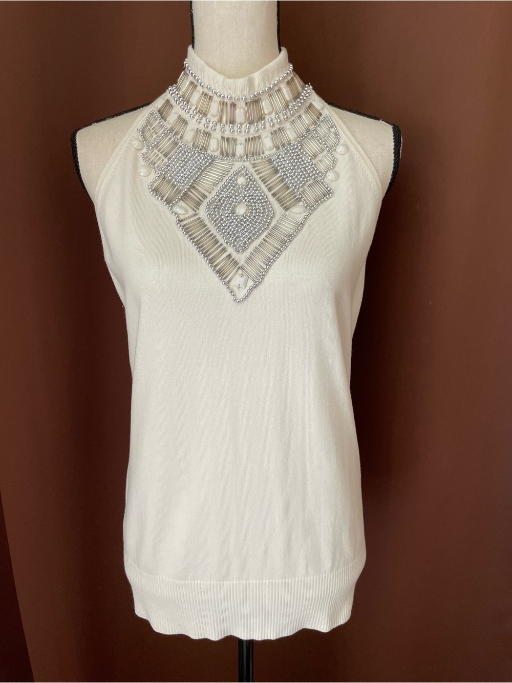 NWT Vintage Y2K Caché Ivory Beaded Tribal Boho Sleeveless Knit Top XL